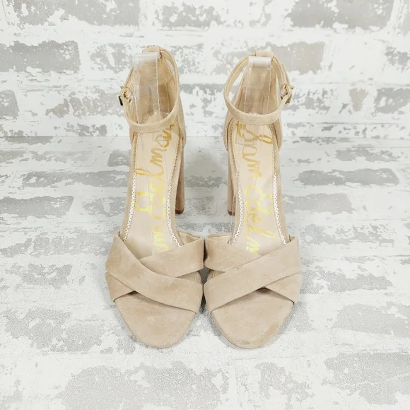 New Sam Edelman Yancy Beige Faux Suede Ankle Strap Heeled Sandals X255 - Picture 7 of 12
